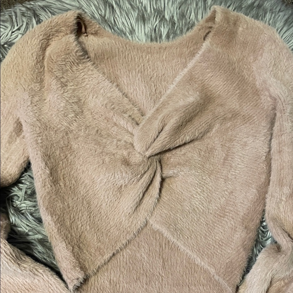 Aerie tan Fuzzy Twist-Front Sweater - Picture 2 of 6